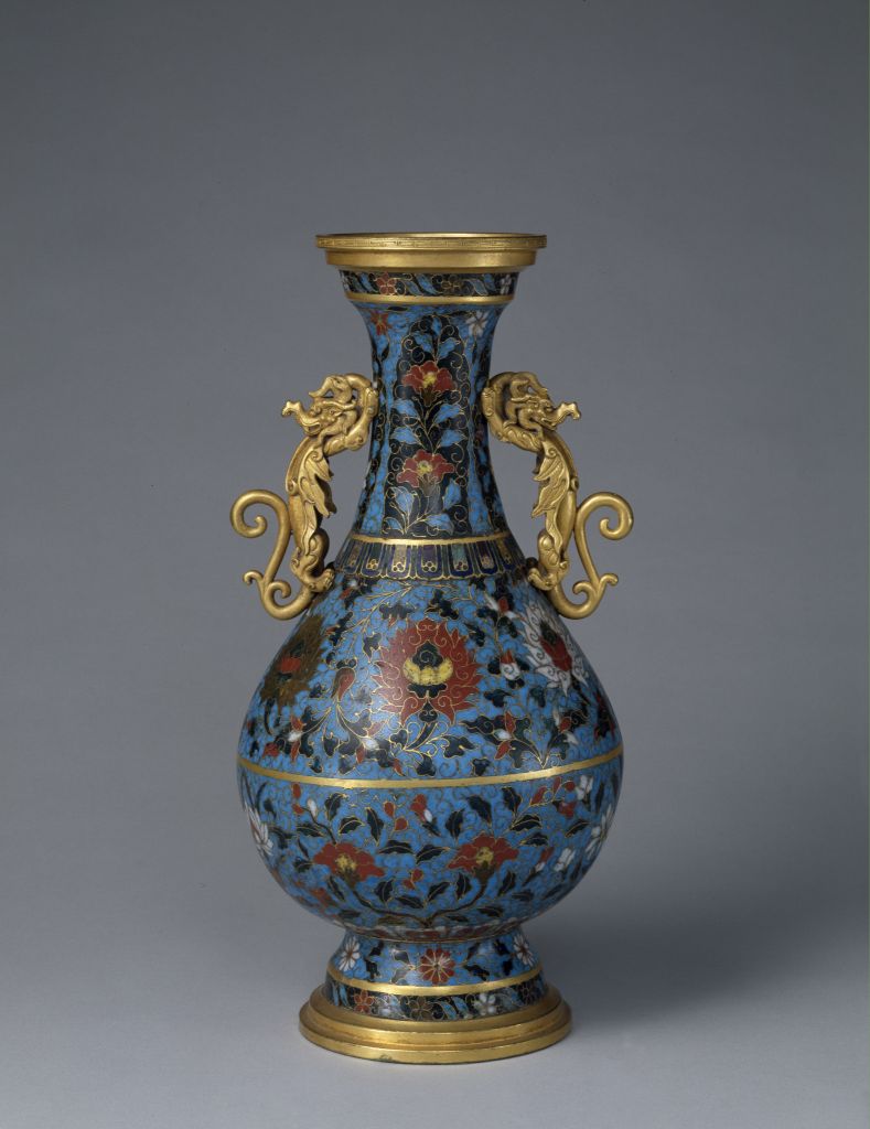 图片[1]-Jingtai filigree enamel dragon ear vase with lotus pattern-China Archive